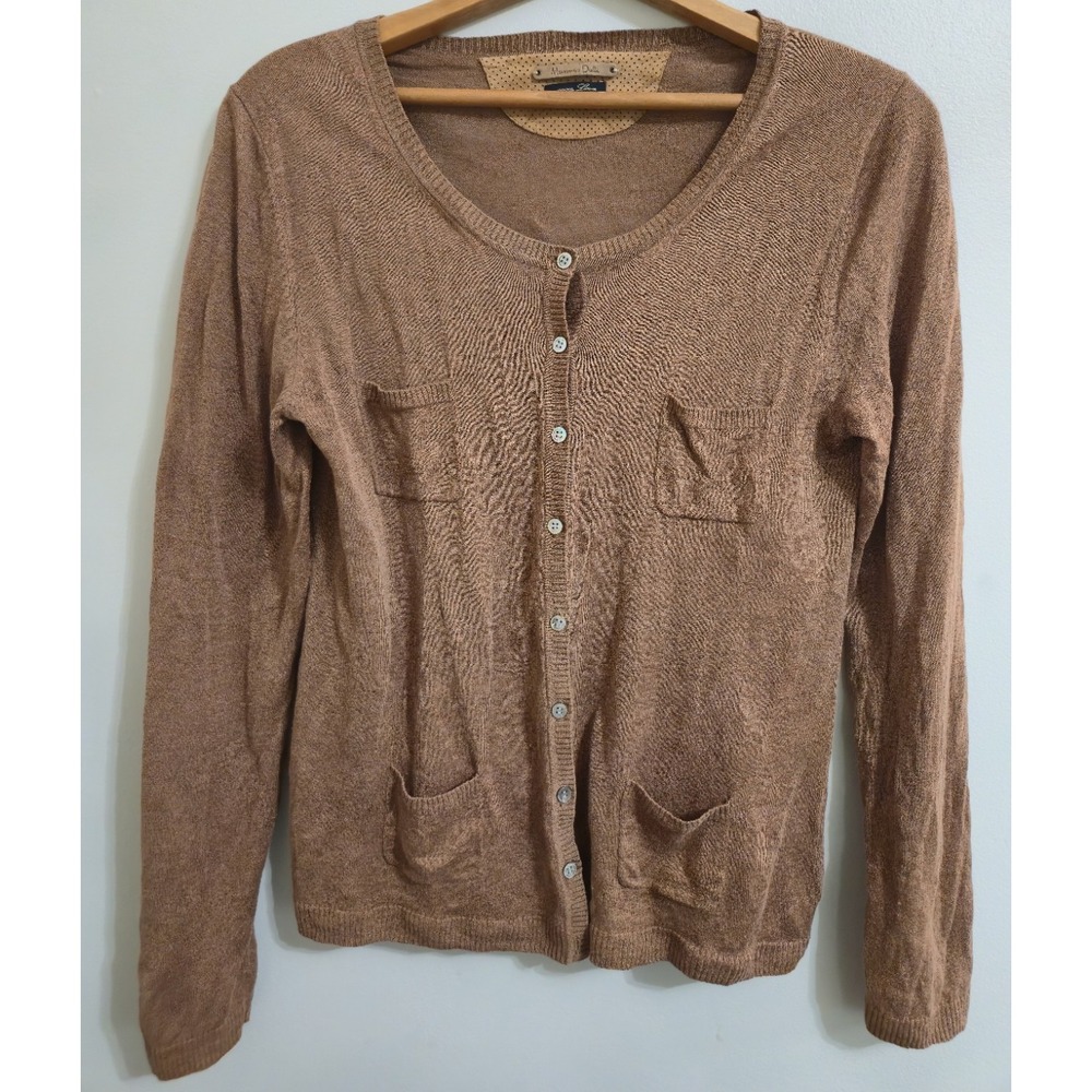 Massimo Dutti 100% Linen Cardigan Women's M Brown Button Front Pockets Knit